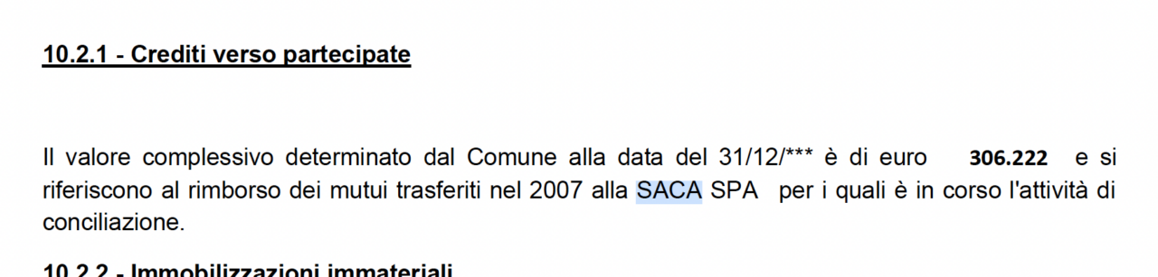 Nota integrativa: credito di 306.222 euro verso Saca per i mutui trasferiti nel 2007
