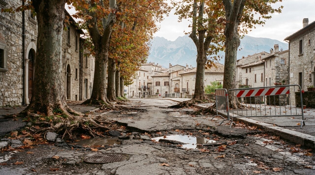 Avanzo di amministrazione Sulmona: viale alberato con l'asfalto sollevato dalle radici
