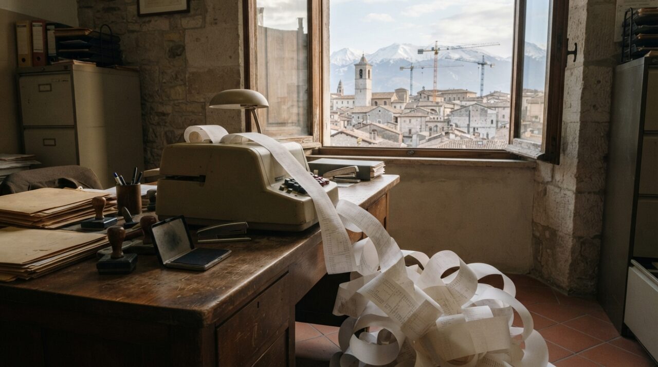Bilancio L'Aquila: calcolatrice con un lungo rotolo di conti in un ufficio comunale