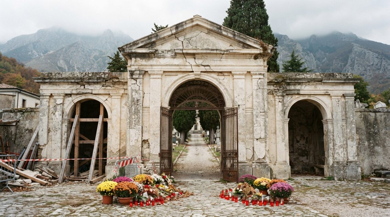 Cimitero Sulmona: ingresso monumentale con crepe, puntelli e lumini per i defunti