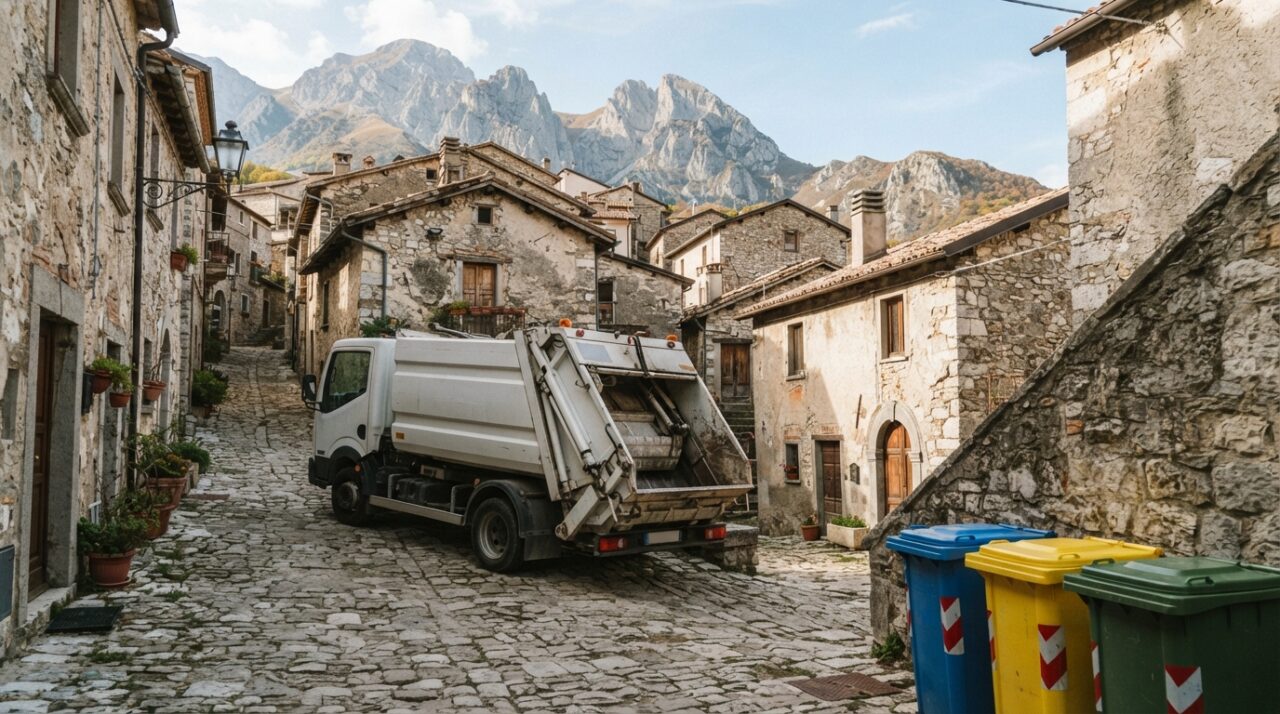 Gara rifiuti Sulmona: camion della raccolta in una via di montagna in Abruzzo