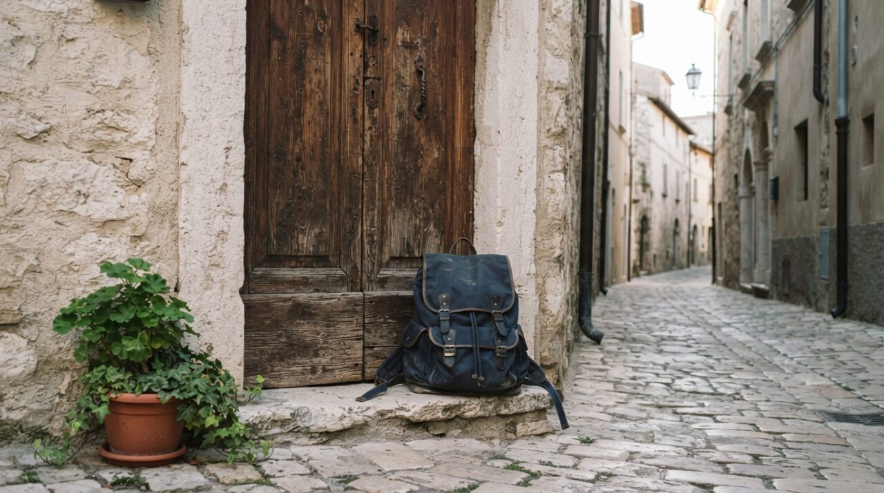 Minori stranieri Sulmona: uno zaino davanti alla porta di una casa nel centro storico
