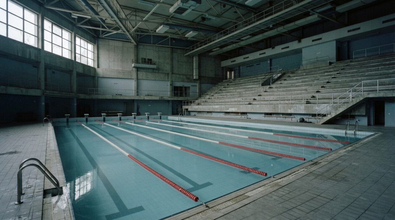 Naiadi Pescara: piscina olimpionica vuota con le corsie e le tribune deserte