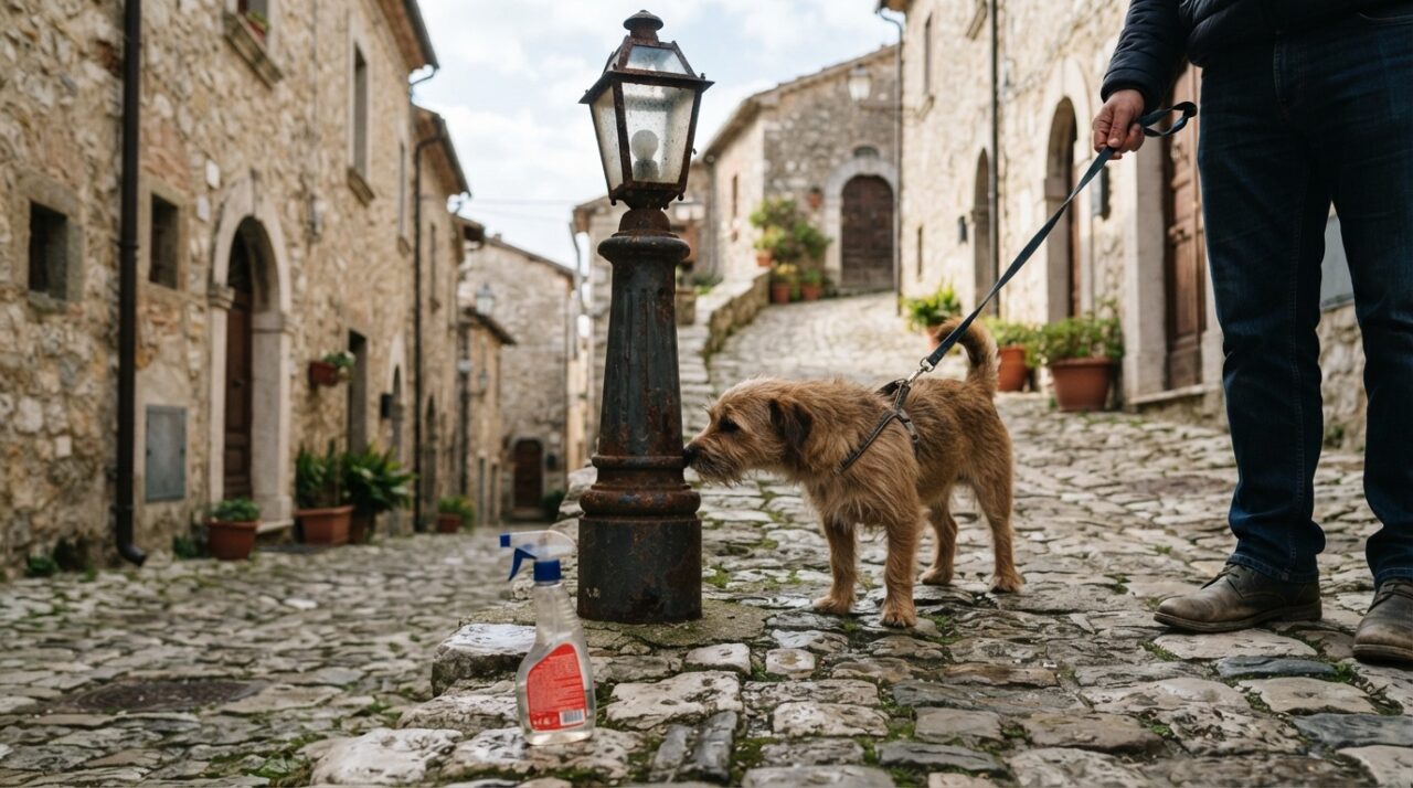 Ordinanza cani Pratola: un cane al guinzaglio e una bottiglietta d'acqua sul marciapiede